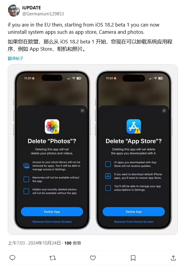 港北苹果手机维修分享iOS 18.2 支持删除 App Store 应用商店 